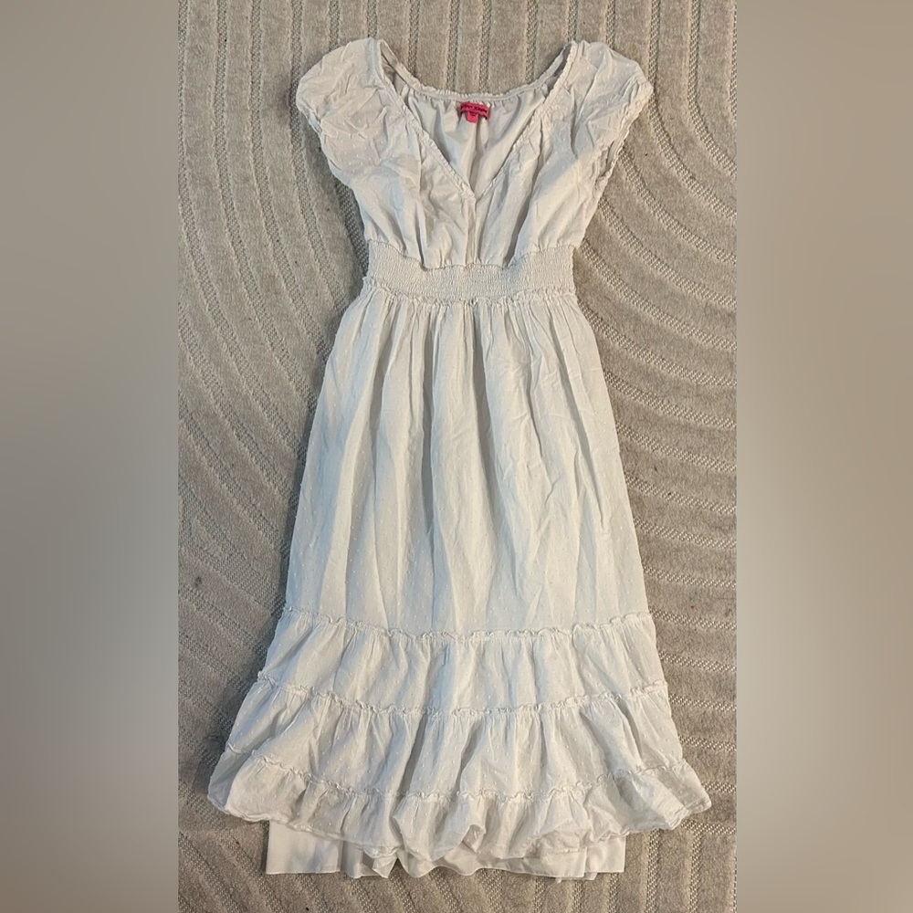 Betsey Johnson Cotton Clip Dot Smocked Puffed Sleeve Midi Dress - L - Picture 2 of 14